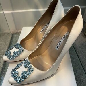 Manolo Blahnik Hangisi Blue Crystal Buckle Pump